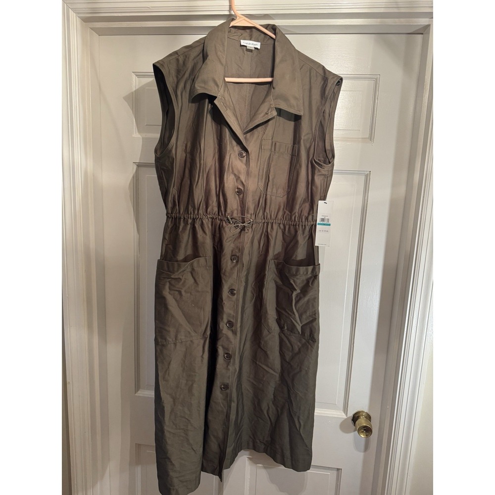Calvin Klein Women's Olive Green Button Up Textured Shirt Dress Size 16 NWT